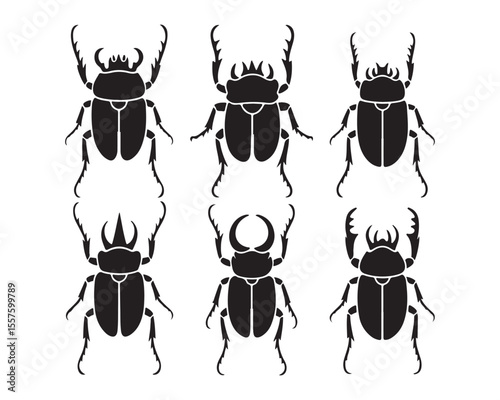 Collection of six black rhinoceros beetle silhouettes on white background