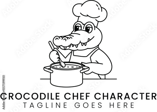 Cartoon crocodile chef prepares a meal in a pot with a spoon in a cook hat