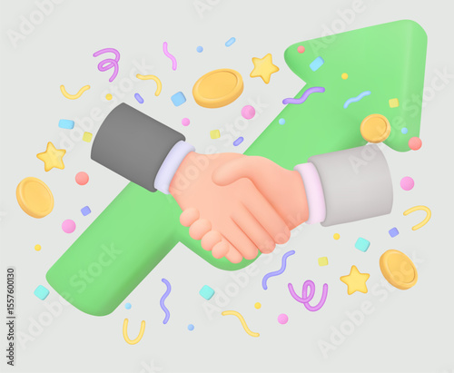 3d hand shake icon Cartoon character handshake . Business concept of partnership  Dollar Coin Stock chart that is rising Vector