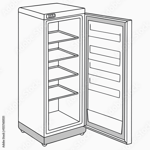 A modern upright freezer, ideal for organized food storage, isolated on a clean white background with ample empty space.