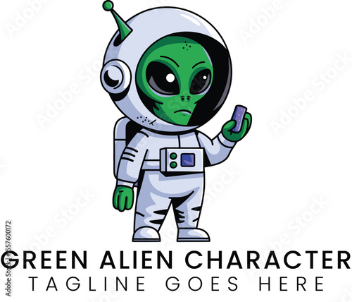 Cartoon astronaut illustration of a fun, adorable, green alien holding a gadget