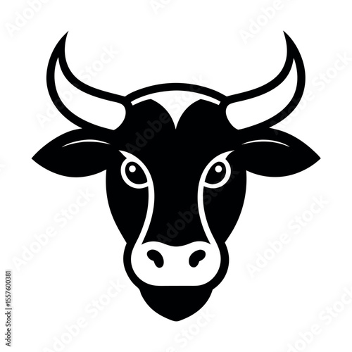 Bold Minimalist Illustration Black Cow Head with White Accents and Sharp Horns