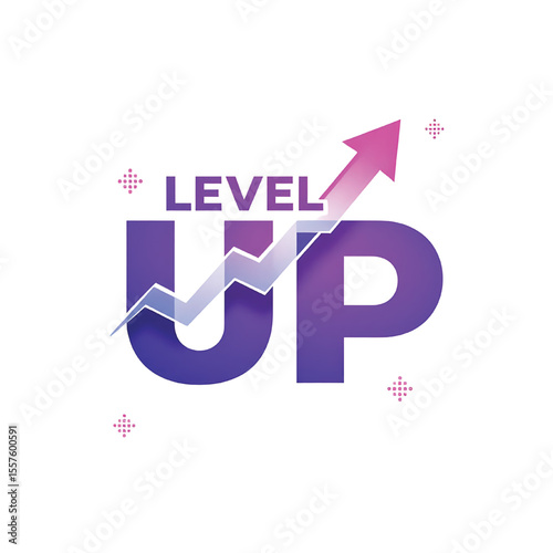 Purple gradient level up text with upward arrow graphic