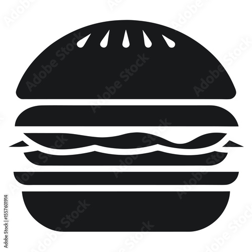 Black and White Burger Illustration Featuring Sesame Seed Bun, Lettuce, and Patty Layers