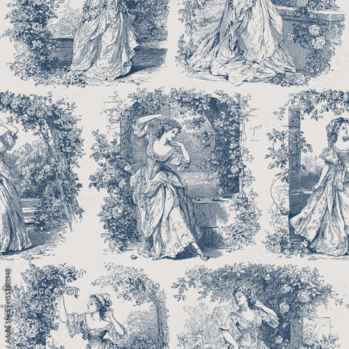 Seamless vector pattern with charming ladies in rose garden. Vintage Toile de Jouy style illustration.
