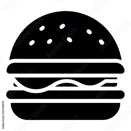 Monochrome Hamburger Icon with Sesame Seed Bun, Patty, Cheese, and Bottom Bun