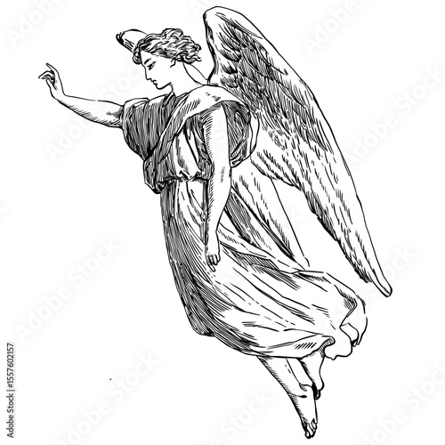 Detailed black engraving-style illustration of a classical angel in flight, with flowing robes and outstretched arm.