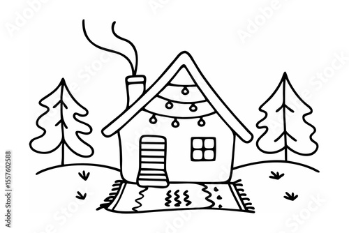 Cozy cabin with festive lights and winter scene house