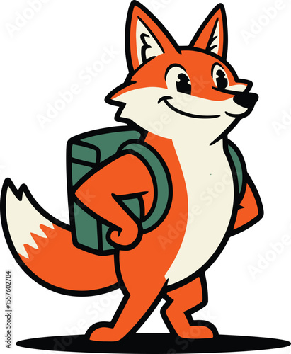 cool fox mascot with backpack for travel or delivery service.