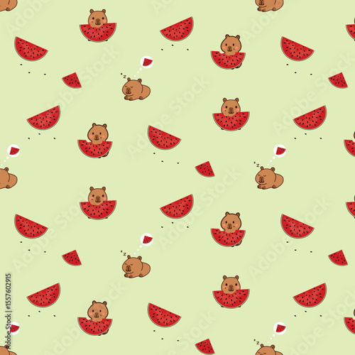 Cute capybara seamless pattern with ripe watermelons on a light background.