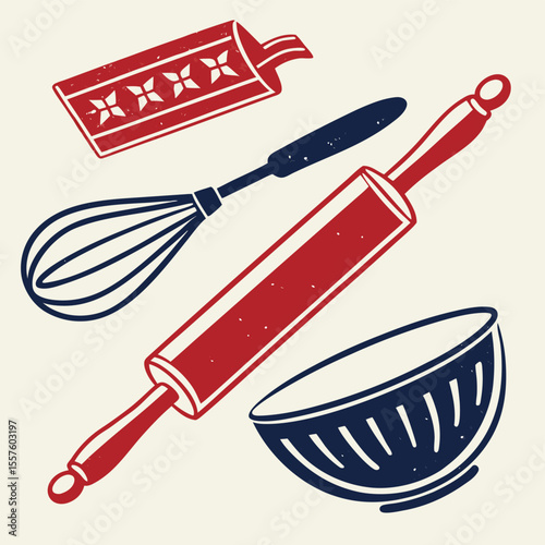 Illustration of baking tools including a rolling pin, whisk, bowl, and spatula with red and blue