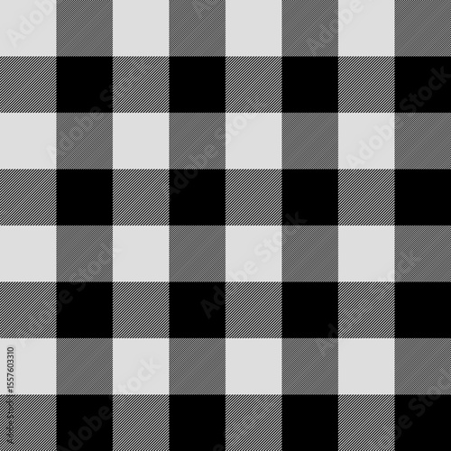 Scottish tartan gingham plaid graphic texture for fabric, wrapping paper, clothing, package, banner, card. Classic textile print imitation vector. Black and white gingham seamless background