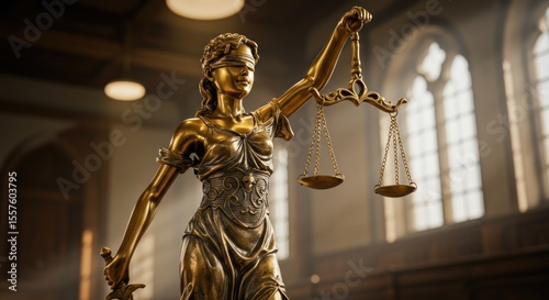 Golden statue of Lady Justice, holding scales of justice, in a grand courtroom setting.