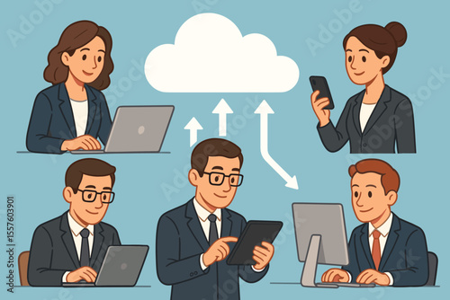 Cloud computing concept with business team working on computers and mobile devices. Corporate collaboration, data sharing, and online storage network. Technology vector illustration.