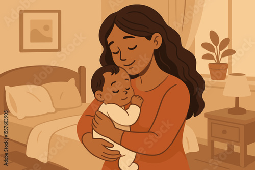 Loving mother embracing her sleeping baby. Concept of motherhood, happy parenting, and childcare. Woman nurturing newborn infant with love in a cozy bedroom. Vector cartoon illustration.