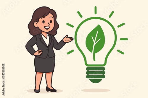 Businesswoman presenting a green energy idea for sustainability. Eco-friendly innovation with a light bulb and leaf. Concept for corporate conservation and clean technology. Vector cartoon.
