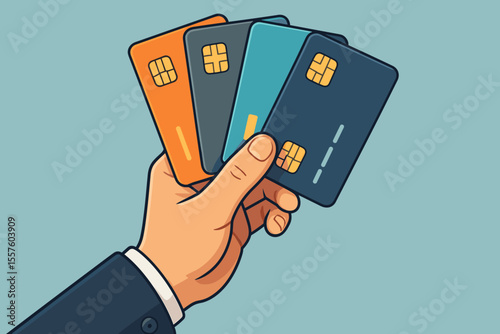 Businessman hand holding multiple credit cards. Concept of payment choice, cashless transaction, finance, and banking. Man with many debit cards for shopping. Vector illustration.