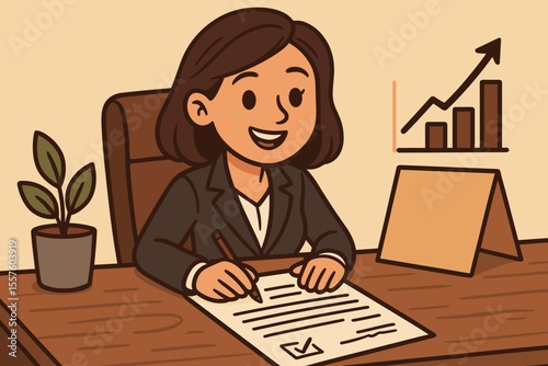 Successful businesswoman signing an investment agreement or contract. Female entrepreneur closing a business deal. Concept of career, partnership, success, and financial growth.
