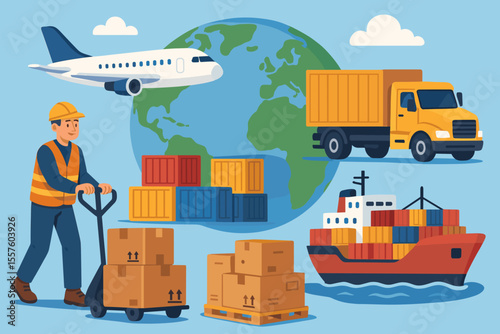 Global logistics transportation concept for worldwide shipping. Cargo freight delivery by air, sea, and land. Supply chain management with worker, truck, ship, plane. Vector illustration.
