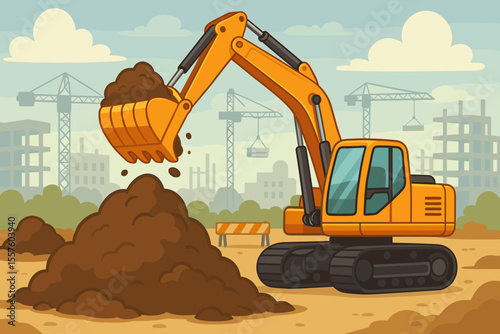 Excavator digging ground on a construction site. Heavy equipment machinery working on a building project. Industrial cartoon vector illustration with cranes and city silhouette.