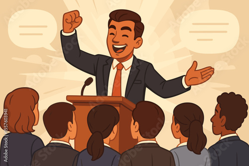 Charismatic business leader delivering motivational speech to inspire employees at a corporate event. Vector cartoon illustration of a diverse audience listening to a speaker.