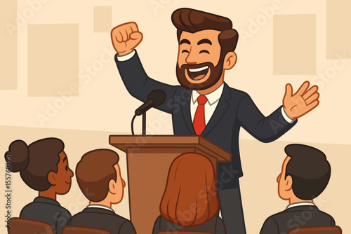 Charismatic business leader delivering a motivational speech. Successful CEO speaker at a podium inspiring his team. Concept for a conference, seminar, or leadership training. Vector.