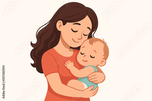 Happy young mother holding her newborn baby boy. Loving mom hugging cute infant child. Motherhood, family bond, and parenting concept. Gentle care and affection. Vector cartoon.