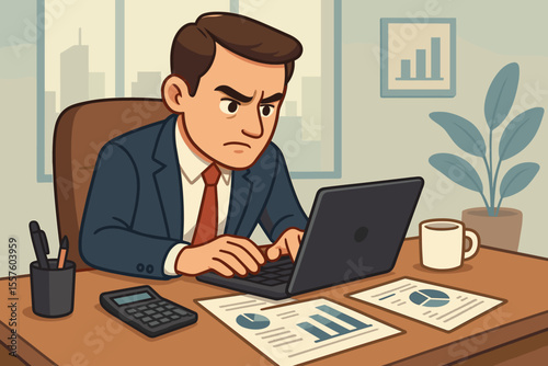 Focused businessman analyzing financial reports on laptop at office desk. Concentrated manager or accountant working with company data, sales charts, graphs, and statistics. Vector.