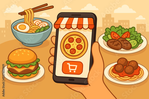 Food delivery app concept. Hand holding smartphone with online restaurant menu. Ordering pizza, burger, ramen and salad for home delivery. E-commerce service concept. Vector illustration.