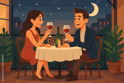 Romantic couple on a date night drinking red wine on a restaurant terrace. Man and woman celebrating love with a candlelight dinner under a starry sky. Vector cartoon illustration.