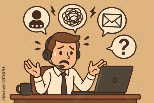 Stressed customer service representative overwhelmed by calls and emails. Frustrated call center agent struggling with bad communication and difficult clients. Burnout concept vector.