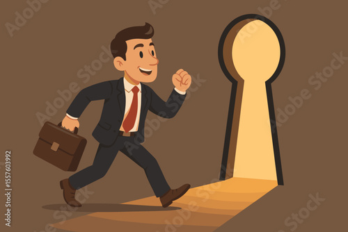 Courageous businessman entering a keyhole door symbolizing opportunity. Vector concept for career success, ambition, new beginnings, and finding the right solution for a problem.