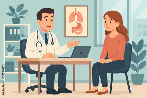 Doctor consulting a female patient in modern clinic office. Physician practitioner talking to a woman during a medical appointment. Healthcare, medicine, health checkup, diagnosis concept.