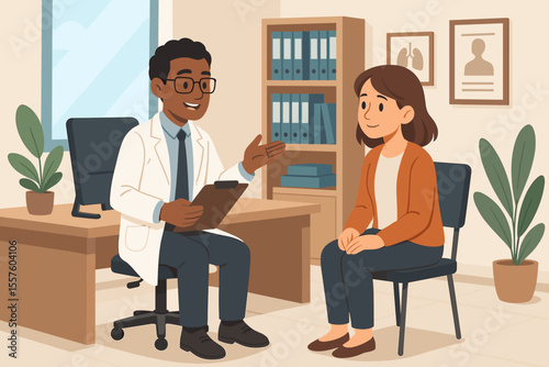 Black male doctor consulting a female patient in a modern clinic office. Friendly physician giving medical advice during a check-up. Healthcare and medicine concept vector cartoon illustration.