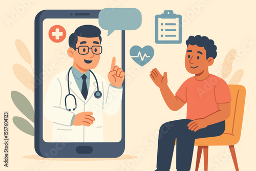 Telehealth concept with a doctor providing medical advice to a patient via smartphone app. Online consultation and virtual healthcare session with a physician. Vector cartoon illustration.