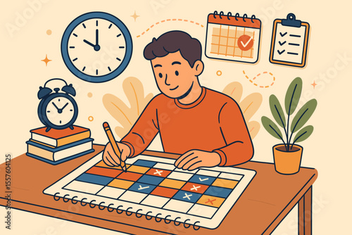 Time management and productivity concept with a man using the time blocking method. Character at a desk planning a daily schedule with a calendar, clock, and checklist. Vector cartoon.