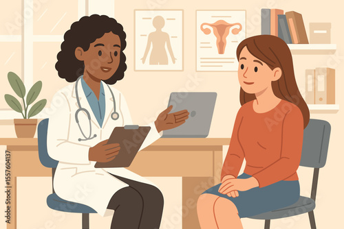 Black female gynecologist doctor providing consultation to a woman patient in a medical office. Healthcare, women's reproductive health, and annual checkup vector concept.