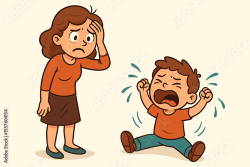 Stressed mother with a crying child having a tantrum. Frustrated mom dealing with misbehavior and a difficult kid. Parenthood burnout, family conflict, and discipline problems concept.