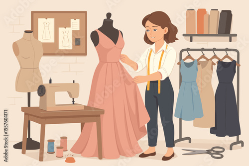 Fashion designer creating an elegant dress on a mannequin in an atelier. Seamstress or tailor working in a studio workshop. Dressmaking, sewing hobby, garment industry concept.