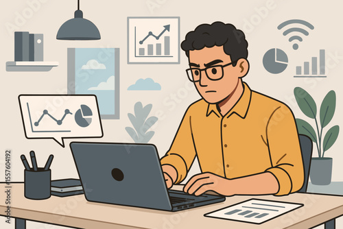 Data analyst man working on laptop, analyzing statistics and financial reports. Concept of business intelligence, marketing research, and big data analytics. Vector cartoon illustration.