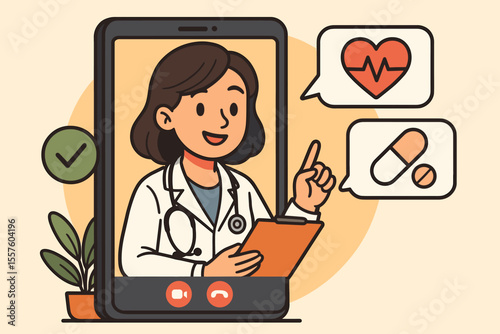Online doctor consultation via video call on a smartphone. Telemedicine and telehealth concept with female physician giving remote medical advice, health care support and prescription.