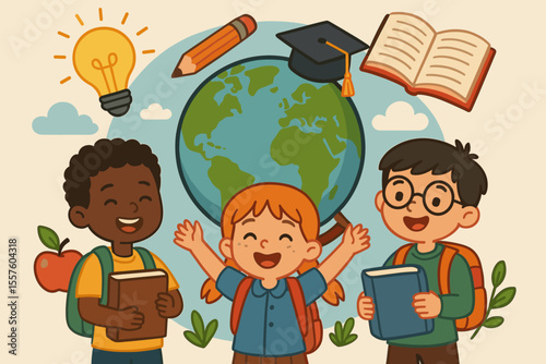 Diverse children with backpacks holding books celebrating global education, back to school concept, cartoon vector illustration with earth, graduation cap, lightbulb, pencil, apple, open book