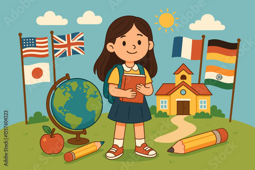 International Education Day Back to School Vector. Cartoon Girl Student with Book, Backpack, Globe, Pencils, Apple, School Building, World Flags. Multicultural Learning Concept Illustration