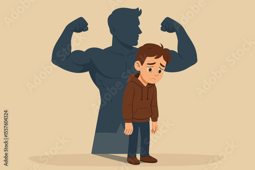 Insecure teenage boy lacking confidence, overshadowed by strong masculine silhouette. Concept self-esteem, insecurity, masculinity pressure, mental health, adolescence, body image, vector illustration