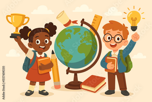 Diverse children celebrating international education day, back to school concept with globe, trophy, books, pencil, diploma, ruler, lightbulb, cartoon vector illustration, academic achievement