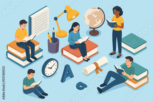 Isometric education and learning concept with diverse students reading books, studying, sitting on textbooks, surrounded by school supplies, diploma, globe, clock, literacy, academic achievement