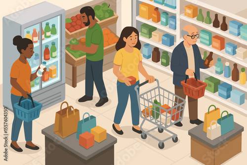 Isometric vector illustration of diverse people shopping in modern grocery store, customers choosing products, buying food and beverages, supermarket interior, retail market, shopping baskets, carts