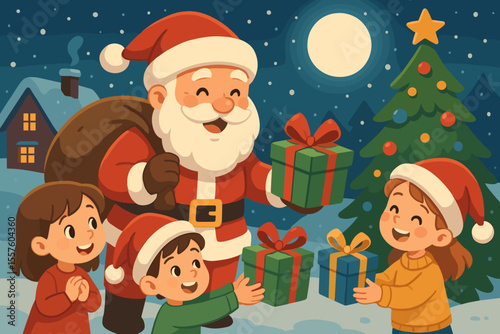 Santa Claus Giving Christmas Presents to Happy Children Outdoors at Night, Festive Winter Scene with Decorated Tree, Cartoon Vector Illustration, Holiday Celebration, Family Joy, Gift Exchange