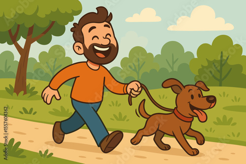 Happy man walking dog in park, cartoon vector illustration. Outdoor leisure activity, pet owner, cheerful companion, nature path, friendship, playful brown dog, green landscape, sunny day