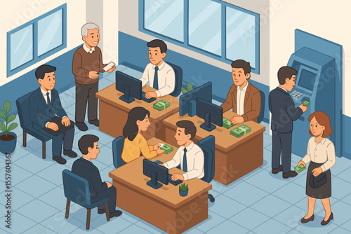 Isometric bank interior vector, employees and clients at desks, ATM transactions, cash exchange, financial services, business meeting, modern office, cartoon illustration, banking concept